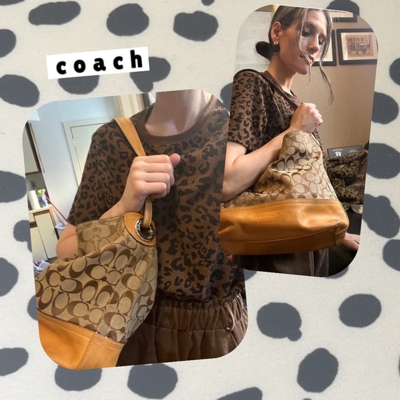 Coach • brown leather & woven adjustable shoulder bag with classic “C” allover - Picture 2 of 16
